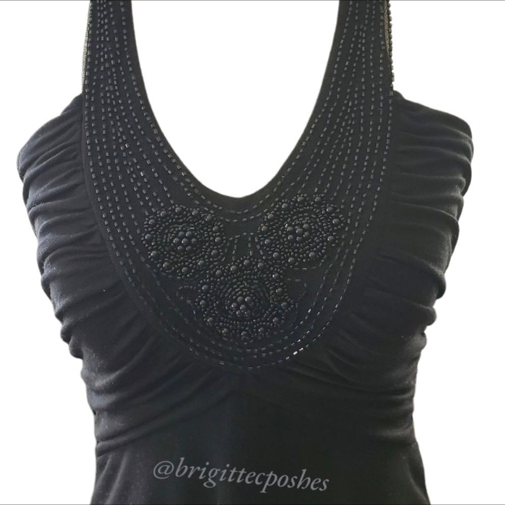 Black Beaded and Ruched Halter Top Size OS